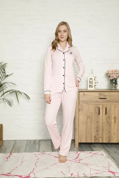 Kadın Pembe Beyaz Çizgili Önden Düğmeli Gömlek Yaka Uzun Kol Mevsimlik Pamuk Likra Pijama Takımı - 2