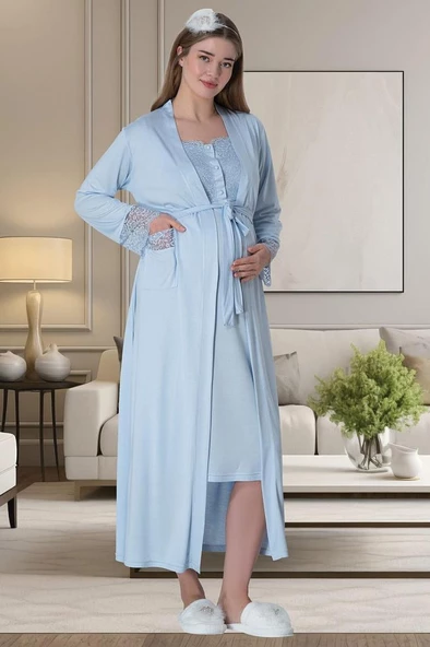 Mecit 6065 Bayan Hamile Lohusa Mavi Sabahlıklı Gecelik Pijama Set - Resim 2