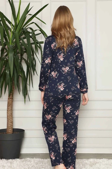 Kadın Lacivert Pembe Çiçekli Önden Düğmeli Gömlek Yaka Uzun Kol Mevsimlik Pamuk Pijama Takımı - 4