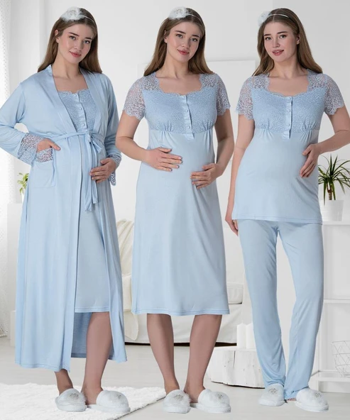 Mecit 6065 Bayan Hamile Lohusa Mavi Sabahlıklı Gecelik Pijama Set - Resim 5