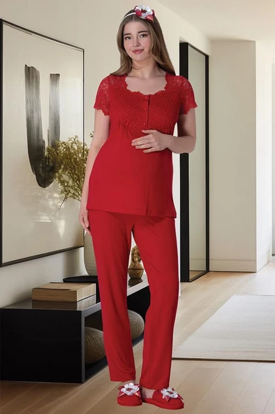 Mecit 6065 Bayan Hamile Lohusa Kırmızı Sabahlık Gecelik Pijama - 4