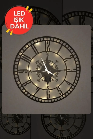 Led Işıklı Ahşap Sayılı Pusula Duvar Saati Sessiz Dekoratif Modern Siyah Metal Duvar Saati 40x40cm