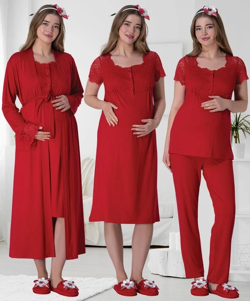 Mecit 6065 Bayan Hamile Lohusa Kırmızı Sabahlık Gecelik Pijama - 5