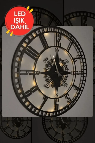 Led Işıklı Ahşap Sayılı Pusula Duvar Saati Sessiz Dekoratif Modern Siyah Metal Duvar Saati 40x40cm - 2