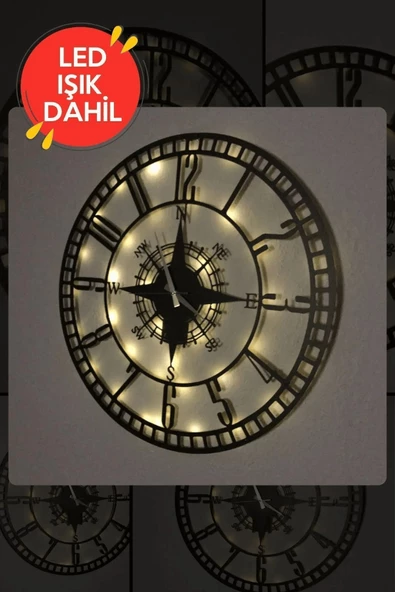 Led Işıklı Ahşap Sayılı Pusula Duvar Saati Sessiz Dekoratif Modern Siyah Metal Duvar Saati 40x40cm - 3