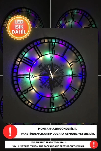 Led Işıklı Sayılı Duvar Saati Sessiz Dekoratif Modern Siyah Duvar Saati -RGB Renkli 40x40cm