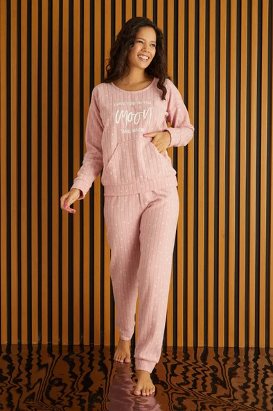 Kadın Bisiklet Yaka Kanguru Cep Bilek Manşetli Fitilli Polar Kışlık Pijama Takımı - 3