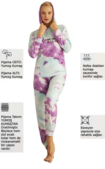 Kadın Batik Desen Kapüşonlu Fitilli Polar Bilek Manşetli Kışlık Jogger Pijama Takımı - 8