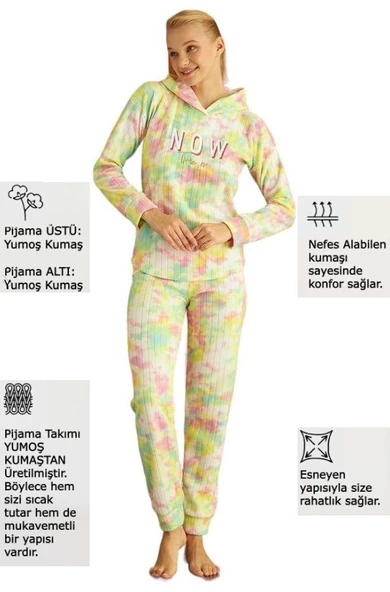 Kadın Batik Desen Kapüşonlu Fitilli Polar Bilek Manşetli Kışlık Jogger Pijama Takımı - 2