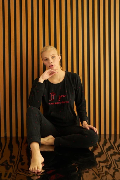 Kadın Bisiklet Yaka Kanguru Cep Bilek Manşetli Fitilli Polar Kışlık Pijama Takımı - 8