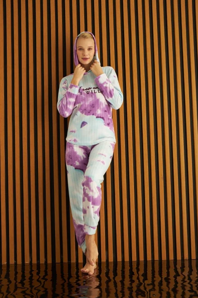 Kadın Batik Desen Kapüşonlu Fitilli Polar Bilek Manşetli Kışlık Jogger Pijama Takımı - 6