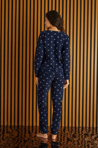 Kadın Bisiklet Yaka Kanguru Cep Bilek Manşetli Fitilli Polar Kışlık Pijama Takımı - 9