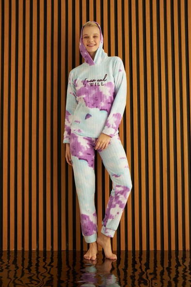 Kadın Batik Desen Kapüşonlu Fitilli Polar Bilek Manşetli Kışlık Jogger Pijama Takımı - 10