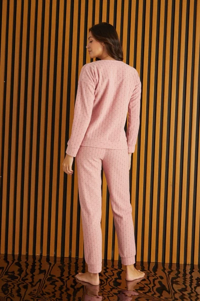 Kadın Bisiklet Yaka Kanguru Cep Bilek Manşetli Fitilli Polar Kışlık Pijama Takımı - 11