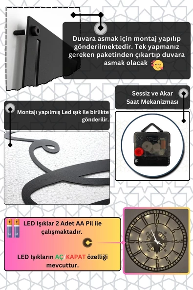 Led Işıklı Modern Duvar Saati Sessiz Dekoratif Modern Siyah Duvar Saati -RGB Renkli 40x40cm - 5