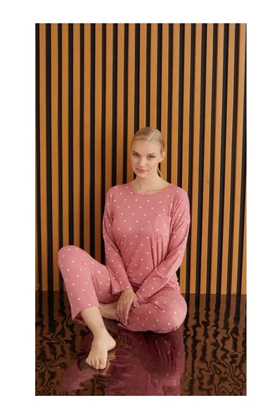 Kadın Desenli Bisiklet Yaka Göğüs Cepli Bambu Uzun Kol Viskon Mevsimlik Pijama Takımı - 7