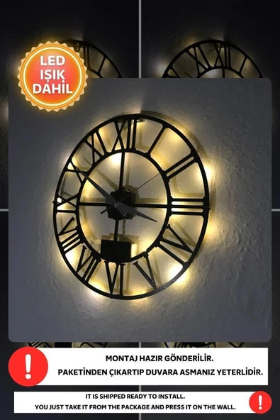 Led Işıklı Roma Rakamlı Duvar Saati Sessiz Dekoratif Modern Siyah Duvar Saati -RGB Renkli 40x40cm - 4
