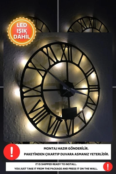 Led Işıklı Roma Rakamlı Duvar Saati Sessiz Dekoratif Modern Siyah Duvar Saati -RGB Renkli 40x40cm - 3