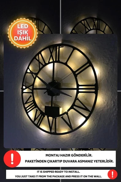 Led Işıklı Roma Rakamlı Duvar Saati Sessiz Dekoratif Modern Siyah Duvar Saati -RGB Renkli 40x40cm - 2