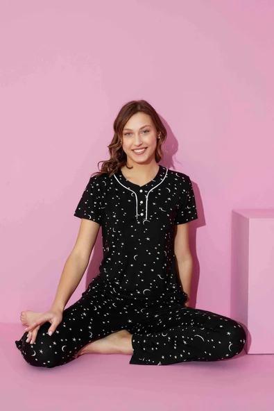 Kadın Bisiklet Yaka Viskon Kısa Kol Cepli Pijama Takımı - 2