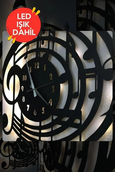 Led Işıklı Ahşap Müzik Duvar Saati Sessiz Dekoratif Modern Siyah Duvar Saati 40x40cm - 3