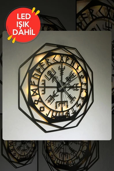 Sekizgen Vegvisir Led Işıklı Duvar Saati Sessiz Dekoratif Siyah Metal Duvar Saati 40x40cm