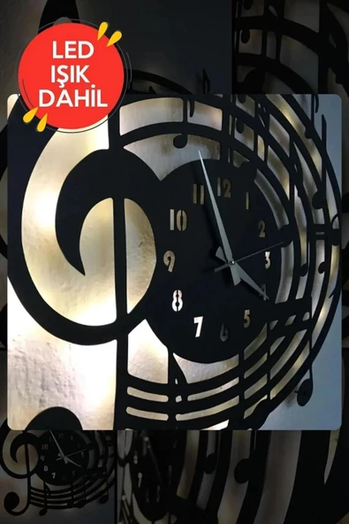 Led Işıklı Ahşap Müzik Duvar Saati Sessiz Dekoratif Modern Siyah Duvar Saati 40x40cm - 4