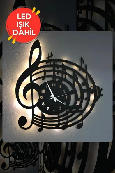 Led Işıklı Ahşap Müzik Duvar Saati Sessiz Dekoratif Modern Siyah Duvar Saati 40x40cm - 2