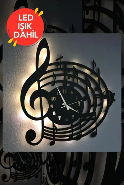 Led Işıklı Ahşap Müzik Duvar Saati Sessiz Dekoratif Modern Siyah Duvar Saati 40x40cm