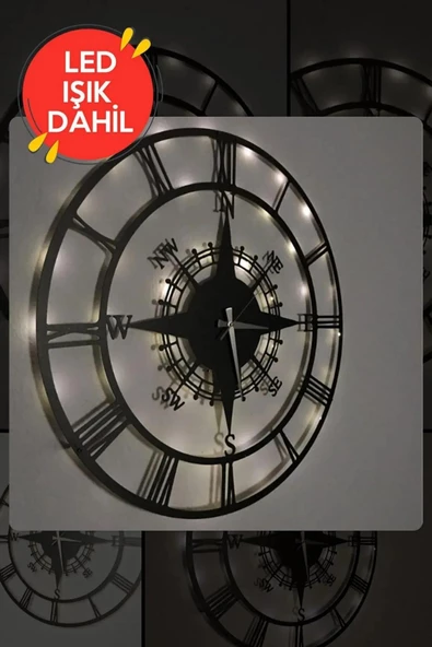Led Işıklı Ahşap Pusula Duvar Saati Sessiz Dekoratif Modern Siyah Duvar Saati 40x40cm - 2