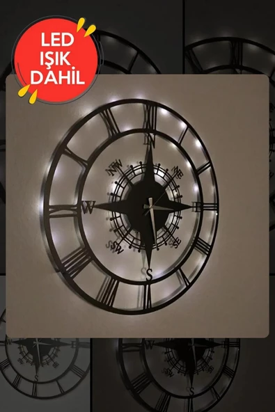 Led Işıklı Ahşap Pusula Duvar Saati Sessiz Dekoratif Modern Siyah Duvar Saati 40x40cm - 3