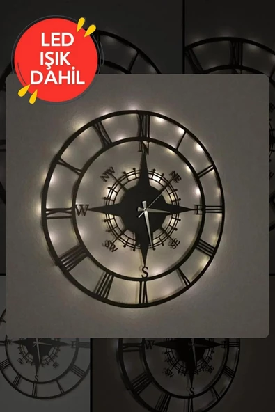 Led Işıklı Ahşap Pusula Duvar Saati Sessiz Dekoratif Modern Siyah Duvar Saati 40x40cm