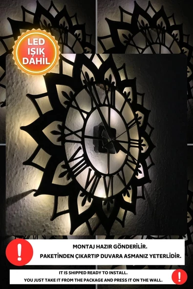 Led Işıklı Çiçek Duvar Saati Sessiz Dekoratif Modern Siyah Duvar Saati -RGB Renkli 40x40cm - 2