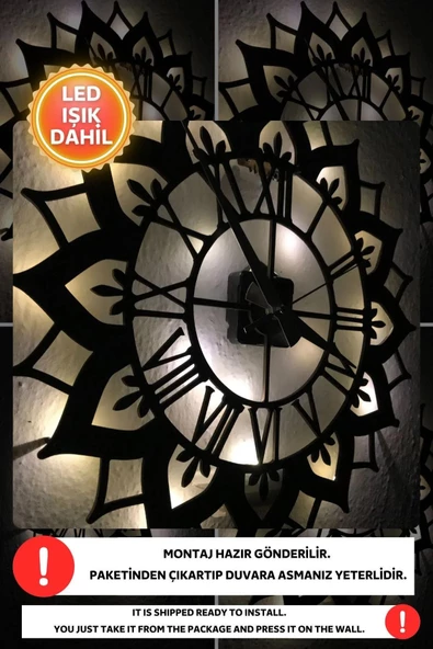 Led Işıklı Çiçek Duvar Saati Sessiz Dekoratif Modern Siyah Duvar Saati -RGB Renkli 40x40cm - 4