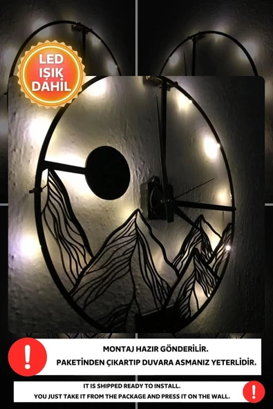 Led Işıklı Dağ Duvar Saati Sessiz Dekoratif Modern Siyah Duvar Saati -RGB Renkli 40x40cm - 4