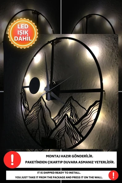 Led Işıklı Dağ Duvar Saati Sessiz Dekoratif Modern Siyah Duvar Saati -RGB Renkli 40x40cm - 2
