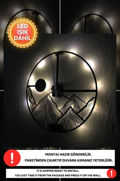 Led Işıklı Dağ Duvar Saati Sessiz Dekoratif Modern Siyah Duvar Saati -RGB Renkli 40x40cm