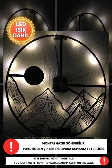 Led Işıklı Dağ Duvar Saati Sessiz Dekoratif Modern Siyah Duvar Saati -RGB Renkli 40x40cm - 3