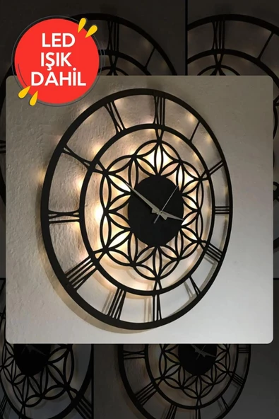 Led Işıklı Çiçek Duvar Saati Sessiz Dekoratif Modern Siyah Ahşap Duvar Saati 40x40cm - 2