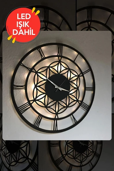 Led Işıklı Çiçek Duvar Saati Sessiz Dekoratif Modern Siyah Ahşap Duvar Saati 40x40cm - 3