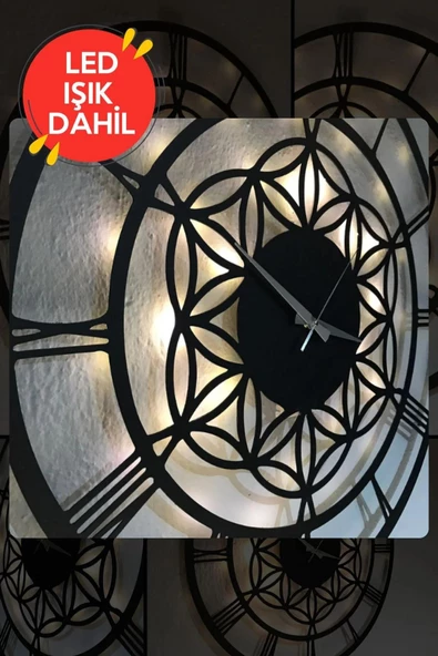 Led Işıklı Çiçek Duvar Saati Sessiz Dekoratif Modern Siyah Ahşap Duvar Saati 40x40cm - 4