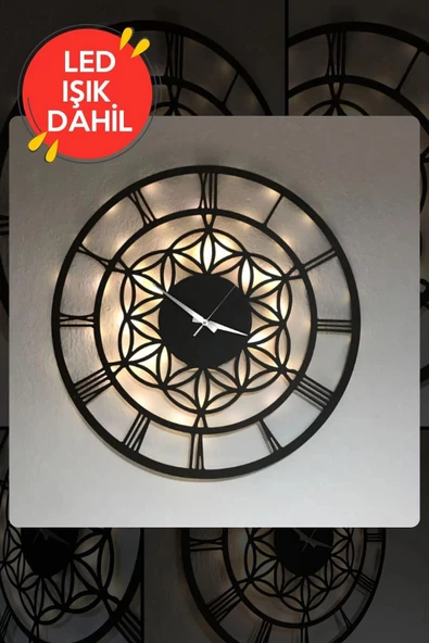 Led Işıklı Çiçek Duvar Saati Sessiz Dekoratif Modern Siyah Ahşap Duvar Saati 40x40cm