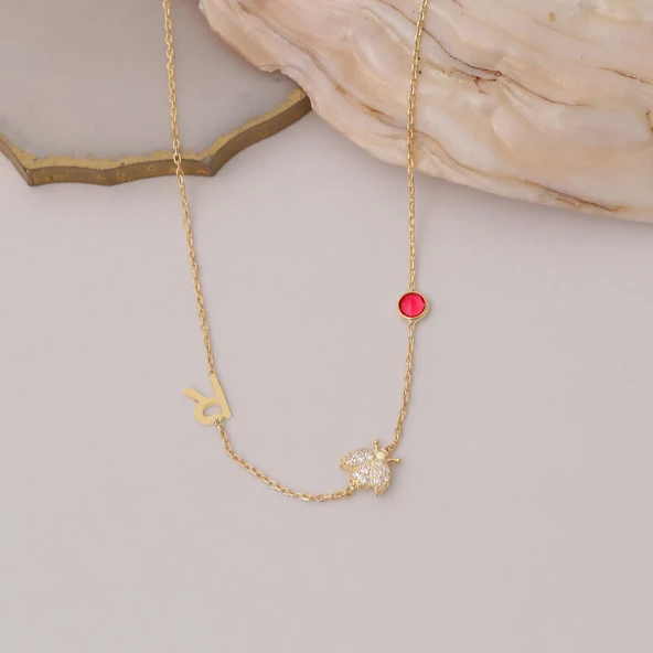 925 Ayar Gümüş Taşlı Uğur Böceği Harf Kolye - Resim 5