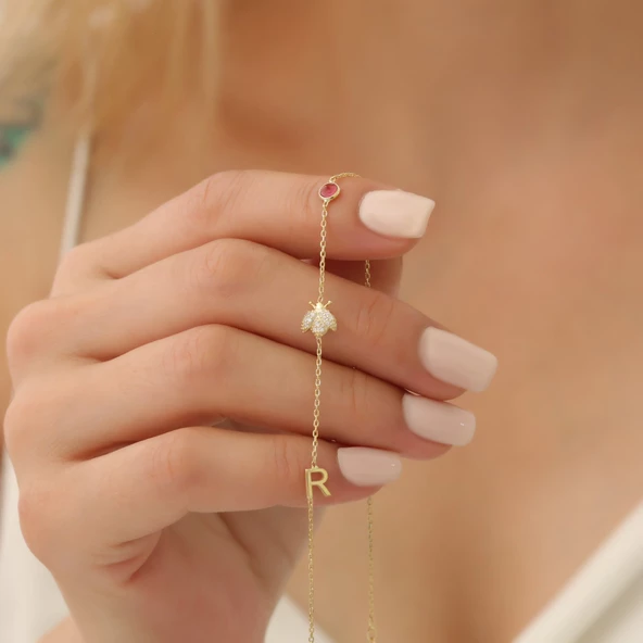 925 Ayar Gümüş Taşlı Uğur Böceği Harf Kolye - Resim 3