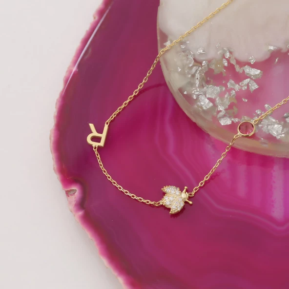 925 Ayar Gümüş Taşlı Uğur Böceği Harf Kolye - Resim 2