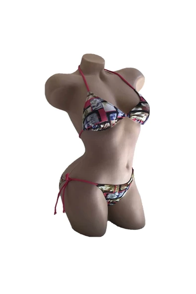 Dagi Desenli Pembe Boyundan Bağlı Üçgen Bikini Takımı - Resim 2