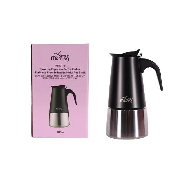 Any Morning FE001-6 Espresso Kahve Makinesi Paslanmaz Çelik İndüksiyonlu Moka Pot 300 Ml Siyah - 6