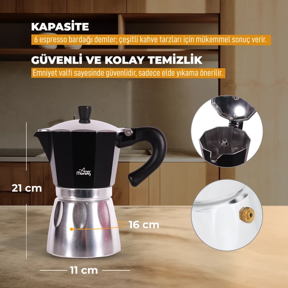 Any Morning Hes-6 Espresso Kahve Makinesi Alüminyum Moka Pot 240 Ml Siyah - 8