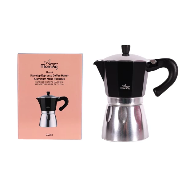 Any Morning Hes-6 Espresso Kahve Makinesi Alüminyum Moka Pot 240 Ml Siyah - 5