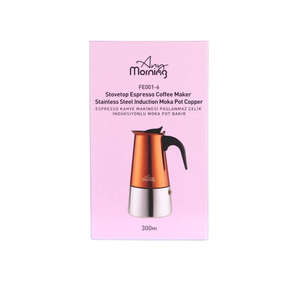 Any Morning FE001-6 Espresso Kahve Makinesi Paslanmaz Çelik İndüksiyonlu Moka Pot 300 Ml Bakır - 6